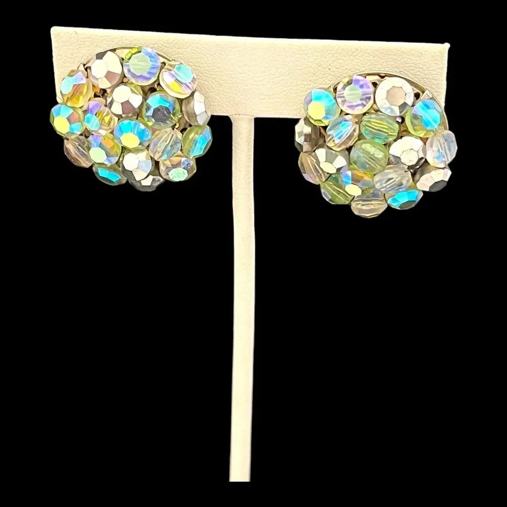 Vintage 1950s Vogue Clip Earrings AB Crystal Bead Cluster - 1D